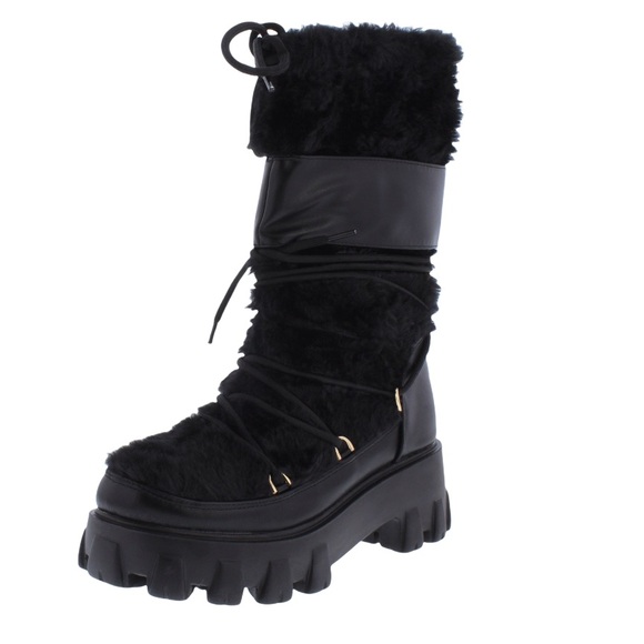 Teyanna Black Vegan Leather Furry Combat Boots - Picture 4 of 5